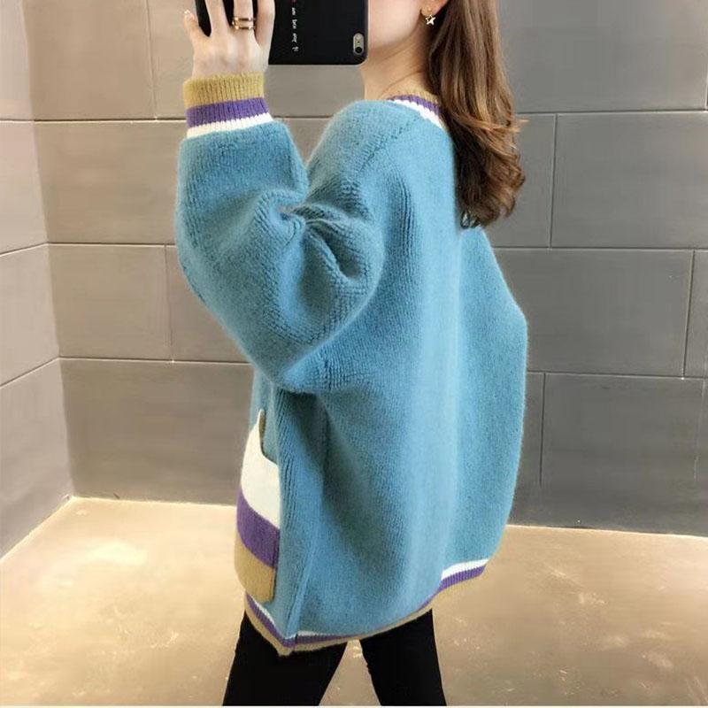 Cardigan Women Female 2023 Spring and Autumn V Neck Long Sleeve Korean Version Loose Color Block Sweater Knit Cardigan Female
