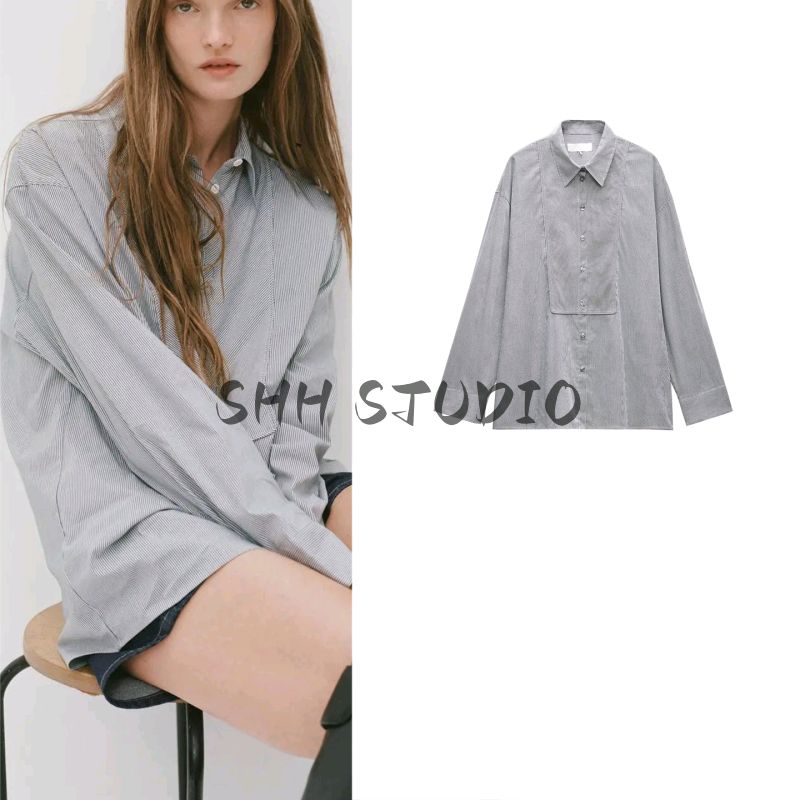 Autumn New Women Clothes French Style Casual Loose Single Row Multi-Buckle Long Sleeve Lapel Stripe Shirts 9479260