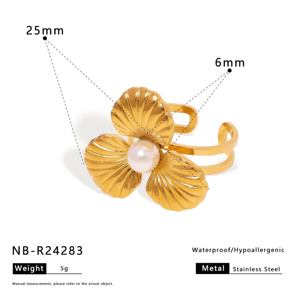 18K Gold Plated Stainless Steel Flower Pearl Ring, Custom Vintage Statement Ring for Cocktail Party Birthday Gift