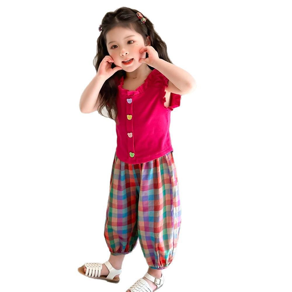 Girls Summer Short Sleeve Plaid Pants Two Piece Set Lightweight and Stylish