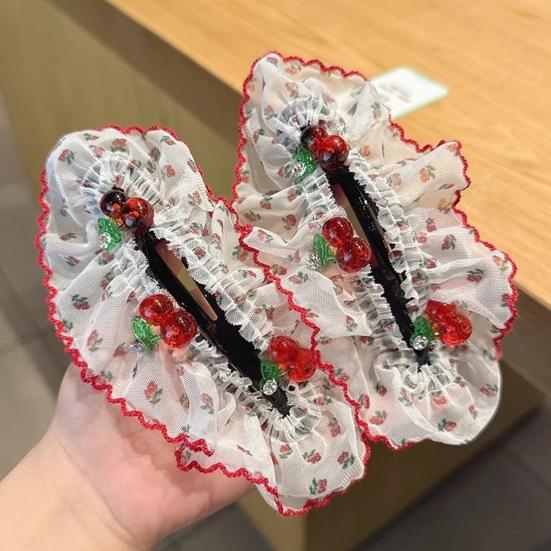 Hair Pin Strong Clamping Force Transparent Mesh Lace Clip with Cherry Decoration Half-Tied Hair Buns Side Hair Accessory