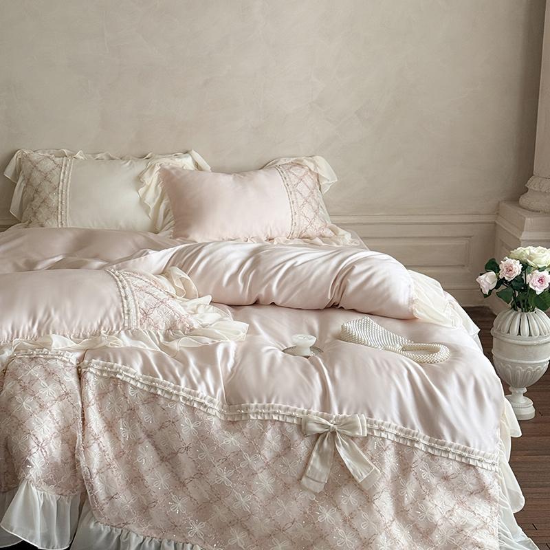 Princess Style Lace Ruffles Bow Bedding Set Lyocell Soft Silky Cool Feeling Duvet Cover Bed Sheet/Fitted Sheet Pillowcases 4Pcs