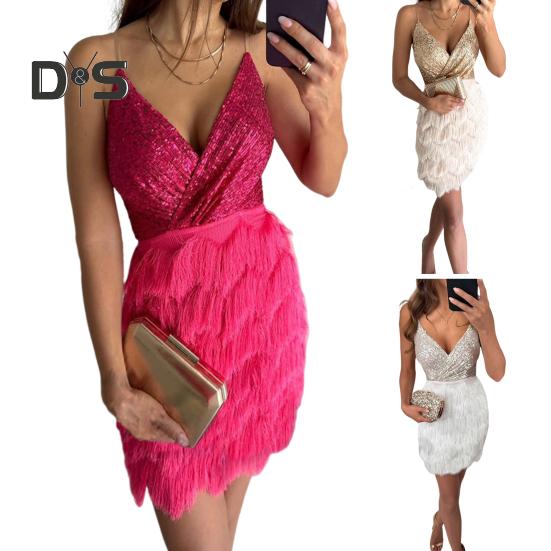 Women Dress Sexy Style Sequin Cocktail Dress Elegant Sleeveless High Waist Midi Dress for Date Party