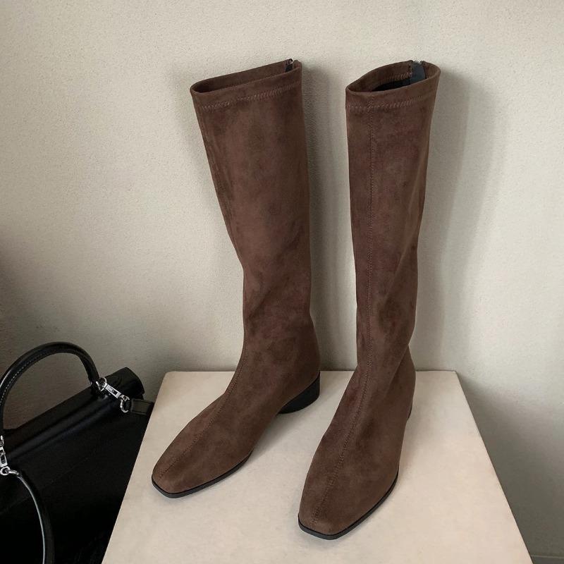 Retro Square-toed Boots for Women To Look Slimmer, Chunk-heeled Boots, High Boots, Long Boots, Women's Shoes