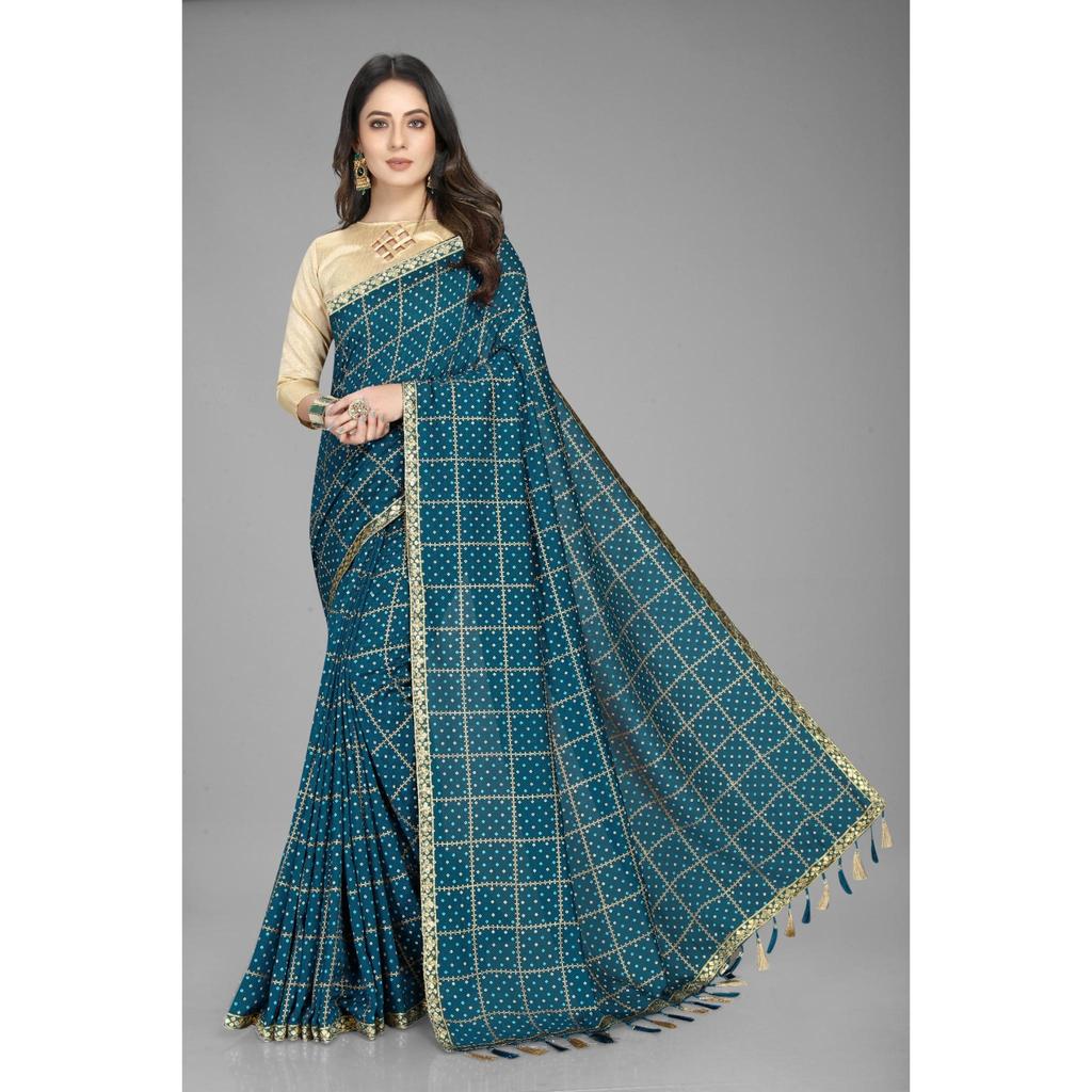 Trendiger neuer indischer traditioneller Vichitra Saree mit Spitzen- und Bordürenweberei