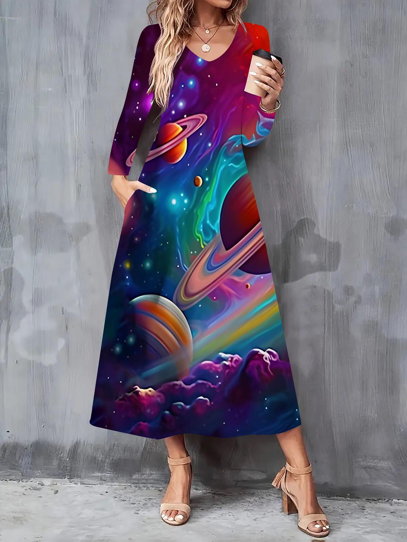 

2025 Осень и Зима Новое Женское Повседневное Модное Платье 3D Принт Небесных Тел Длинный Рукав V-образный вырез A-силуэт Платья XXL фиолетовый