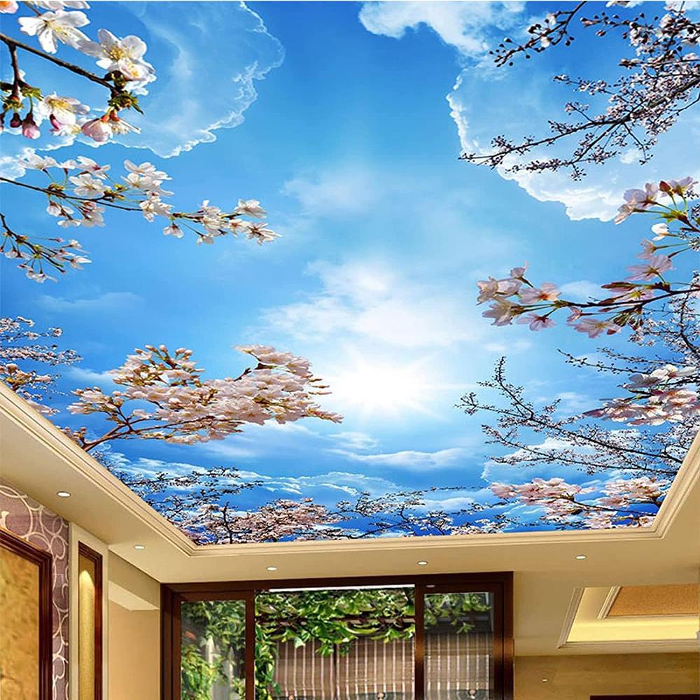 Murale 3D per Soffitto e Parete Cielo Azzurro Nuvole Bianche Fiori di Ciliegio Rosa Murale Soggiorno Camera dei Bambini Carta da Parati per Soffitto