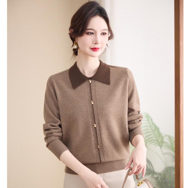 New Fashion Sweater Doll Collar Thin Mom Top Middle-aged Ladies Spring and Autumn Long Sleeve Knitting
