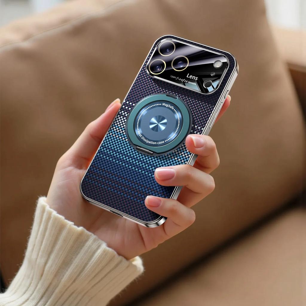 For iPhone 17 Pro Max Magsafe Case for iPhone 16 15 14 Pro Max 360 Rotate Magnetic Stand Holder Soft Carbon Fiber Magnetic Cover