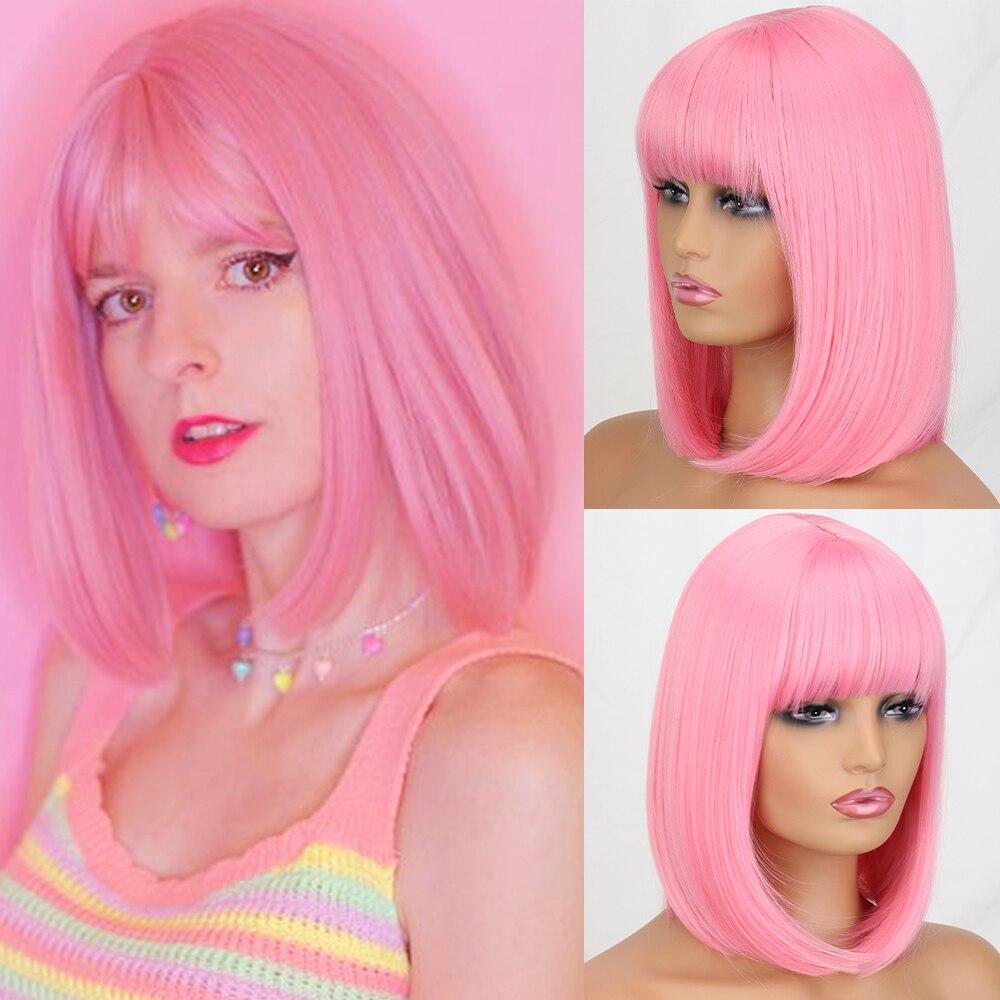 MISS WIG Kurze, glatte Bob-Perücke aus Kunstfaser mit Pony, Weiß, Rosa, Braun, Naturhaar für Damen, für den Alltag, Cosplay