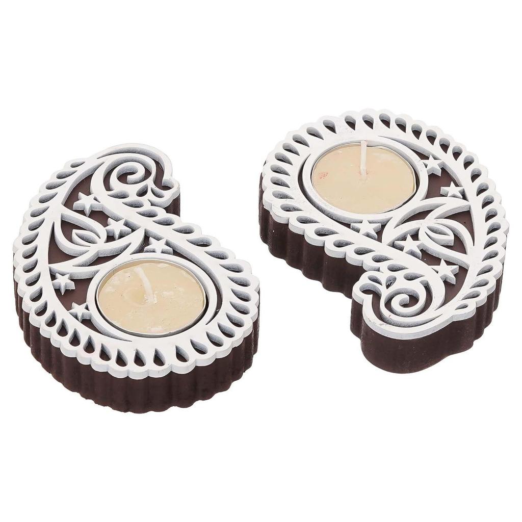 Buta Or Paisley Shaped Wooden Block Print Decorative Tea Light Candle Holders, Diya Stands For Diwali | Tea Light Holders