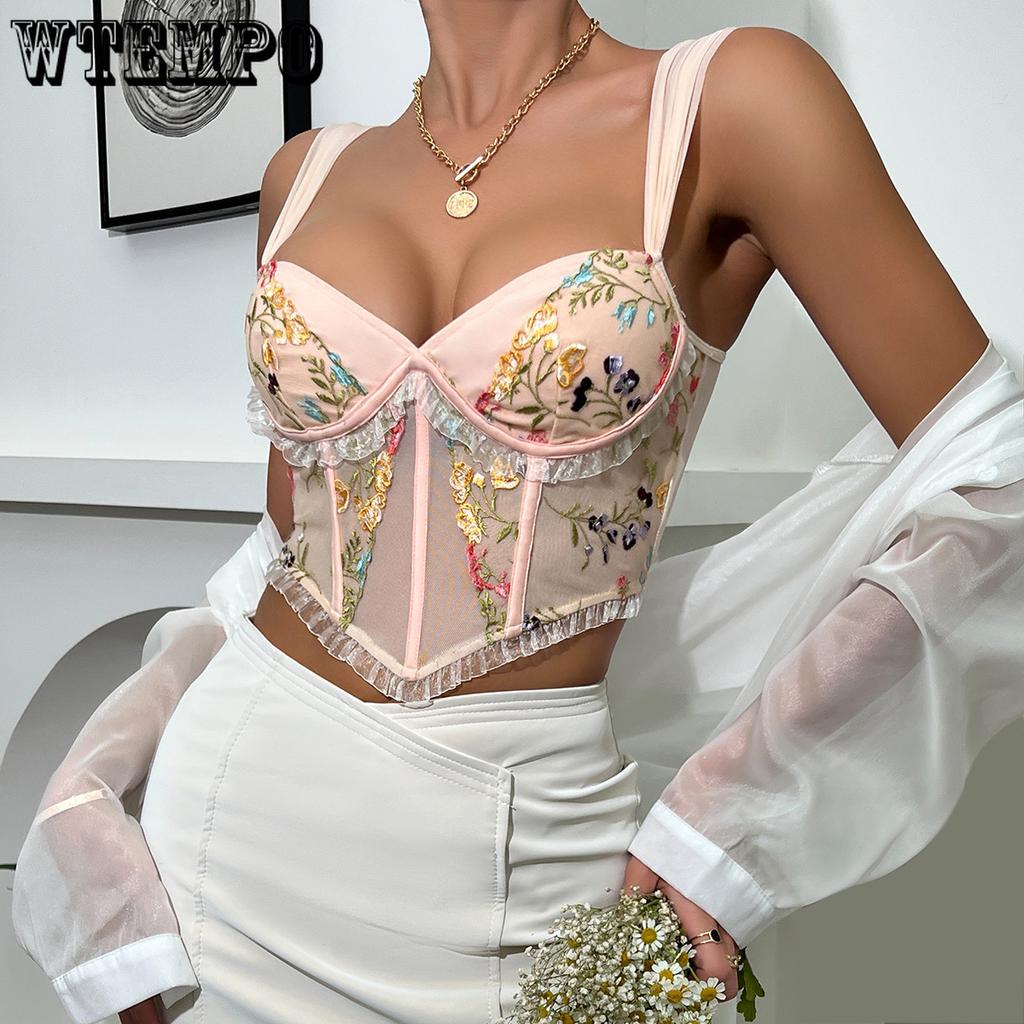 Summer Embroidered Lace Wood Ear Edge Sexy V-neck Wide Shoulder Straps Fishbone Corset