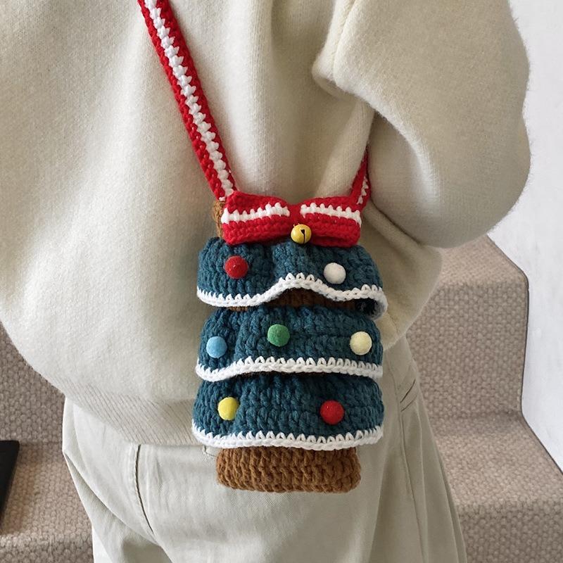 Fashion Niche Design Sense Cute Christmas Tree Weaving Mobile Phone Bag Personality Trend Messenger Bag Woman