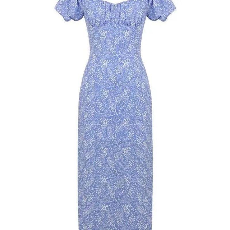 

French-Style Lazy Holiday Style Blue Niche Design Puff-Sleeved Floral Dress for Women Summer New Style Yy8159 Picture Color S