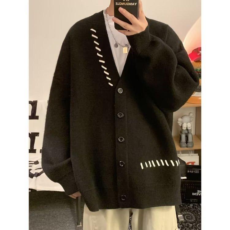 Мужской осенний кардиган вязаный свитер модный бренд ruffian красивый продвинутый стиль большой размер ленивый студенческий стиль японская ретро куртка 3XL чёрный 3430₽