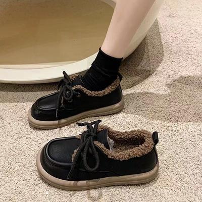 Soft-soled Velvet Women's New Autumn and Winter Small Leather Shoes Fluffy Shoes Warm Lace-up Cotton Shoes
