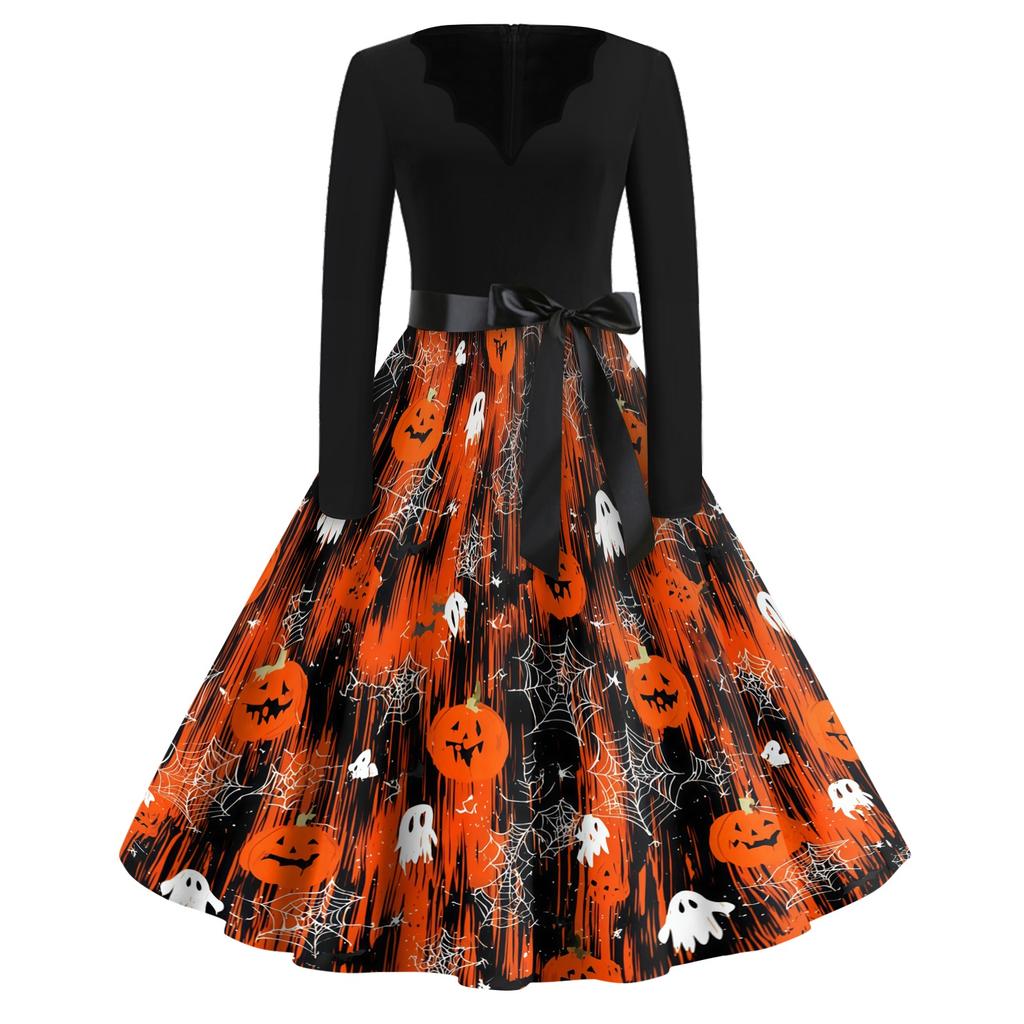 Women's Casual Vintage V Neck Dress Long Sleeve Halloween Print Swing Dress with Waist Tie Retro Style Midi Dress