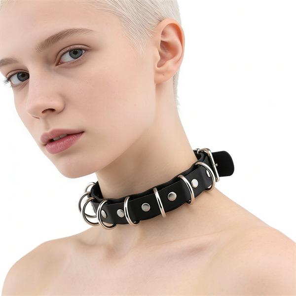 Unisex European Punk Black Leather Choker with Metal Chain and Lock Pendant.