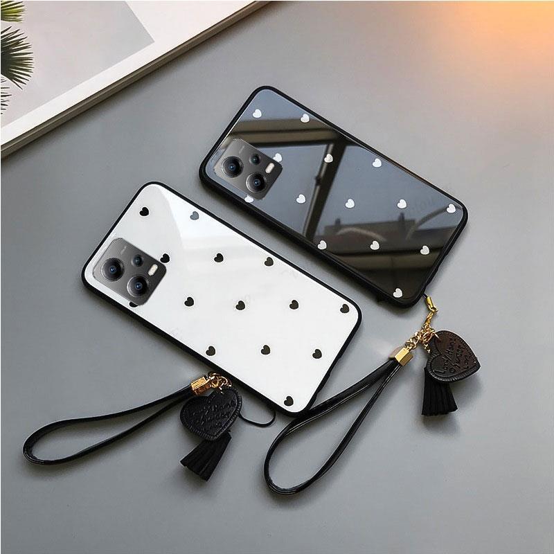 Miłość malowanie serca etui na telefon ze szkła hartowanego dla POCO X5 Pro F5 M4 M5 smycz z frędzlami pokrywa dla Redmi Note 12 4G 5G 12C 12Pro Plus