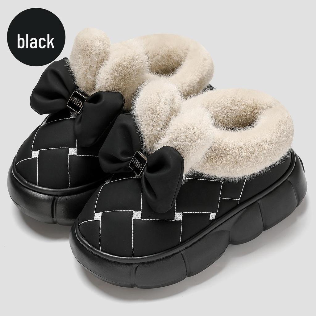 Damen Koreanischer Stil Schleife Baumwolle Schneestiefel mit Absatz - Innen/Außen, Rutschfest, Dickes Samtsohle, Warme Winterschuhe