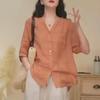 Summer Solid Color V-neck Shirt for Women Mid Sleeved Western-style Shirt for Women