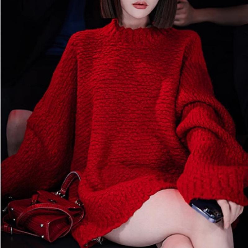 Autumn Long Sleeve Casual Loose Red Sweaters Women Winter Solid Warm Round Neck Knitted Sweater Ladies Elegant Vintage Soft Knitwear Jumpers 24944