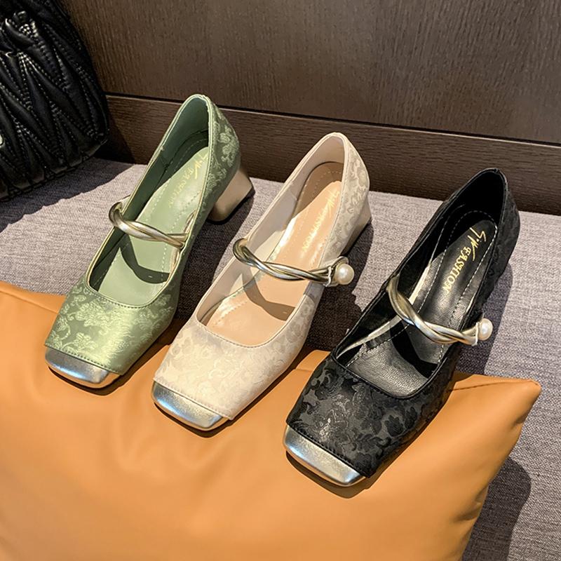 High heels new Chinese style with skirt medium thick heel shoes women's 5 Chinese New Year summer French Mary Jane evening shoes