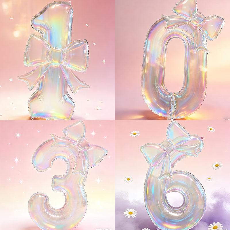 Number 0-9 Foil Balloons Large Iridescent Transparent with 24-inch Iridescent Bow DecorationsBirthday Party Balloons Baby Shower