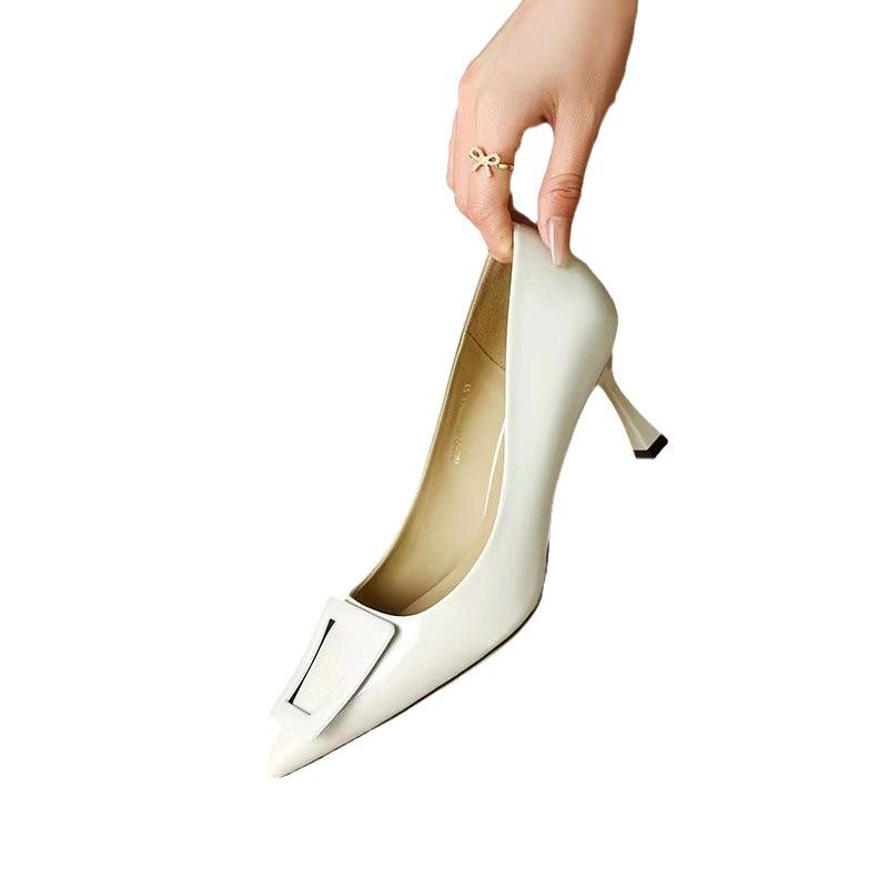 Shallow single shoes women's autumn new commuter professional four-season shoes European station pointed thin heel patent leather black high heels