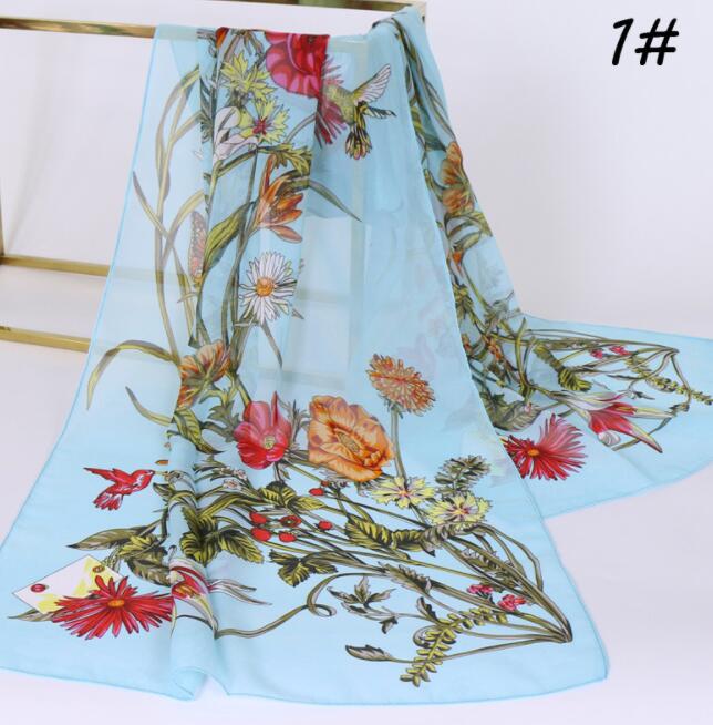 Chiffon Floral Elegant Scarves Silk Scarf Fashion Women Flower Printed Long Soft Wrap Scarf Simulation Silk Shawl Beach Scarf