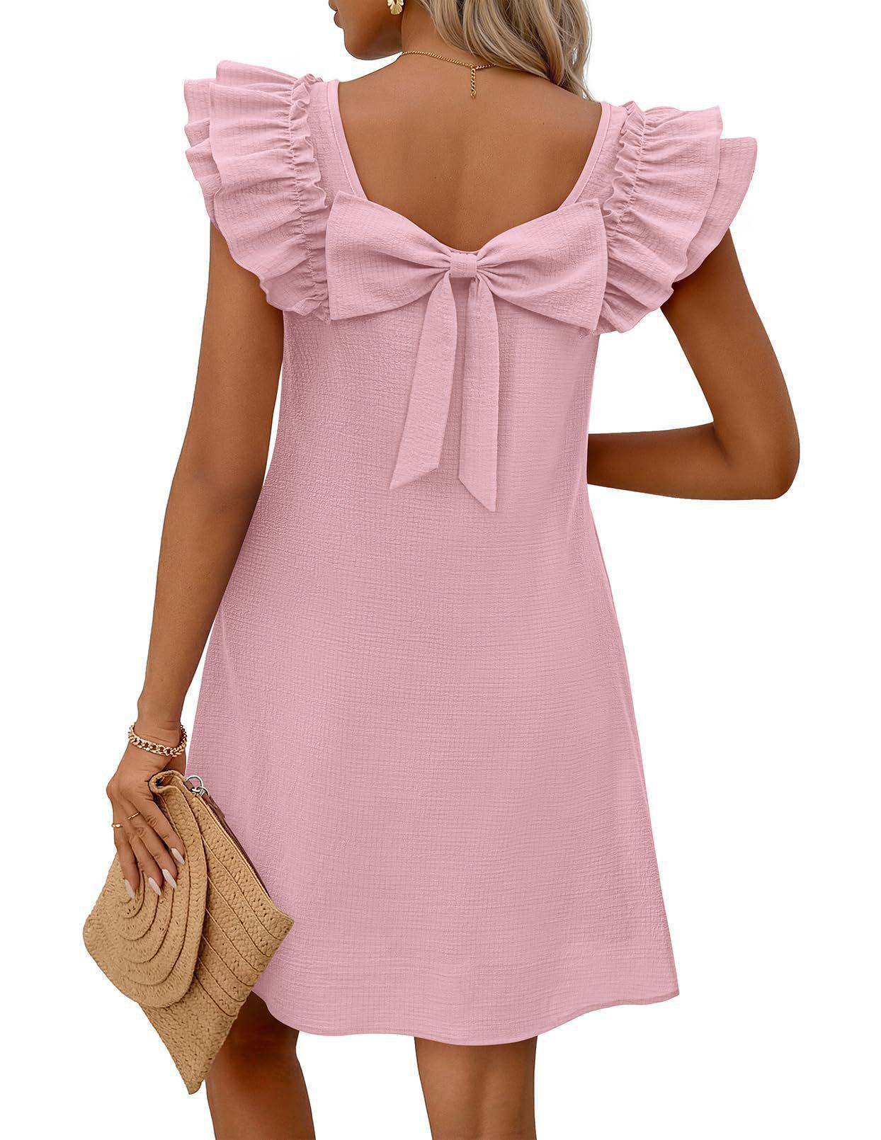 

European and American TK spring and summer fashion double-layer lotus leaf sleeve back bow dress women S розовый