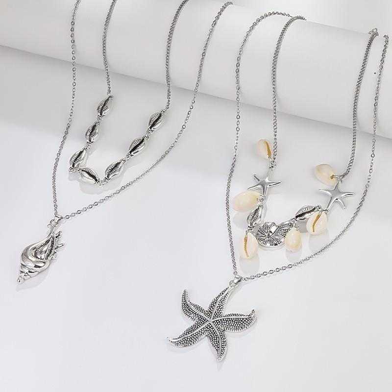 

Layered Double-Layer Necklace: Summer Vacation Style with Shell, Starfish, and Conch Pendants