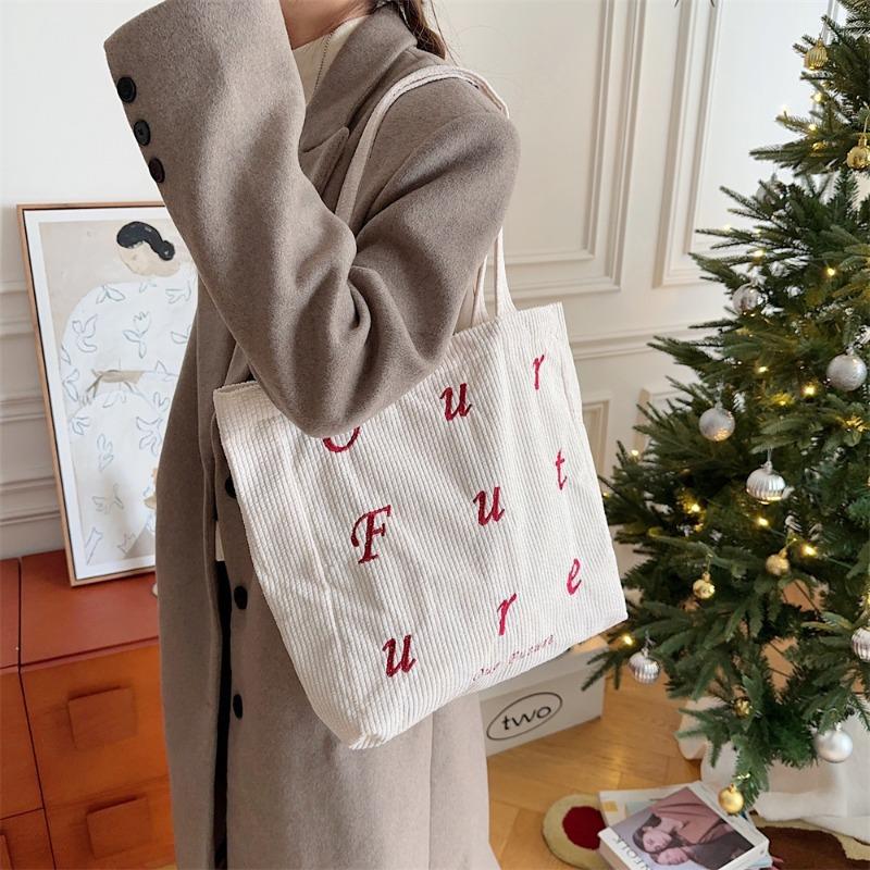 2 embroidered letters future corduroy shoulder merard color scheme handheld canvas bag women tote bag bag
