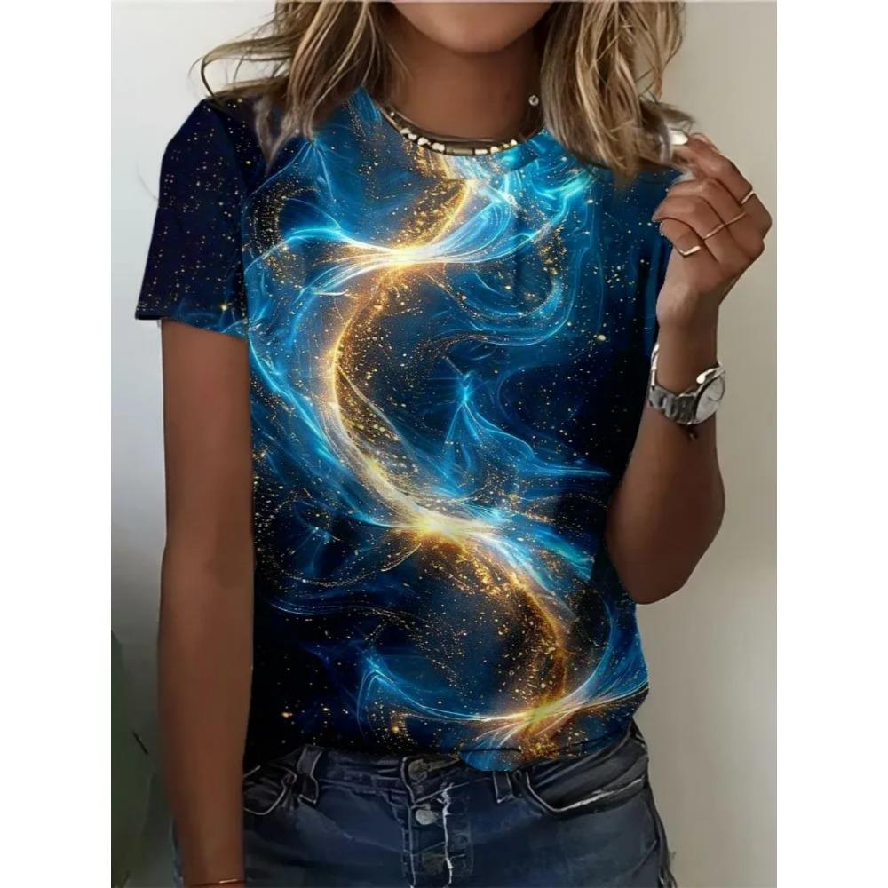 Ladies Fashionable Comfortable Printed T-shirt Colorful Starry Sky Patterns Loose Breathable Large Size Short Sleeved T-shirt