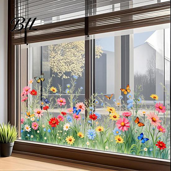 Bathroom Window Decal Spring Summer Flower Butterfly Cling Colorful Floral Sticker Scratch-resistant Removable Double-Sided Static Decals for