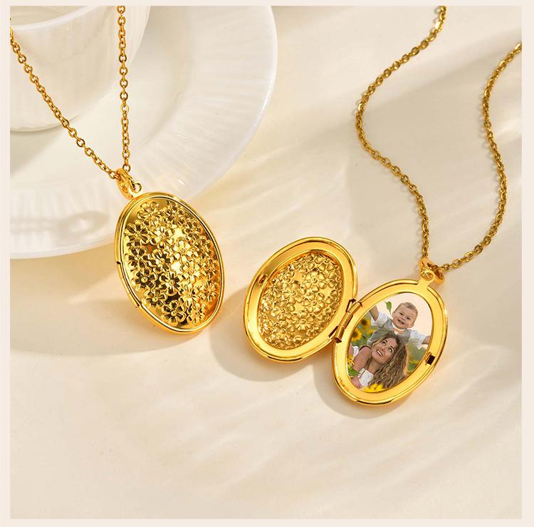 Oval Round Flower Locket Necklace that Holds Pictures Photo Locket Pendant Gifts for Women