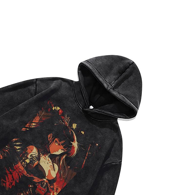 Digital Direct Injection Printing Hooded Sweater For Men And Women 430G Pure Cotton Washed Vintage Pullover Hoodie Autumn And Winter