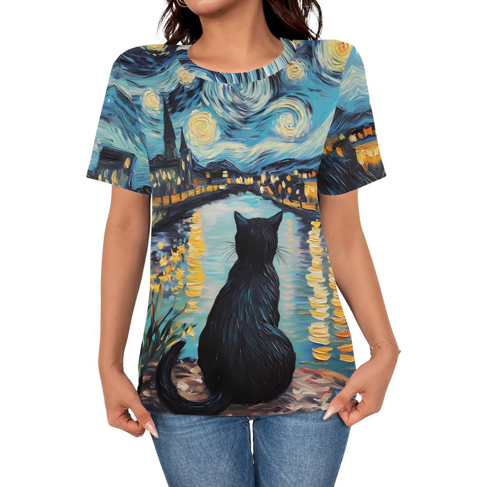 Women s casual, fashionable, minimalist, personalized art, black cat 3D printed short sleeved top S