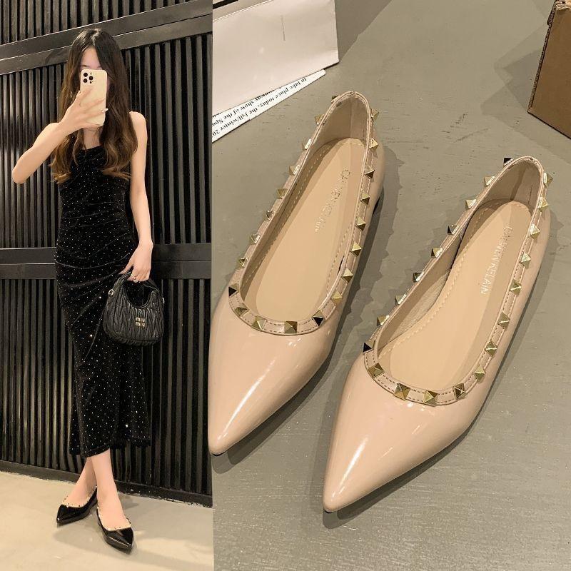 5 Cm Inner Height Increase, Rivets, Light Mouth, Nude Color, Pointed End, Soft Patent Leather, French Temperament, Single Shoes, Commuting To Work