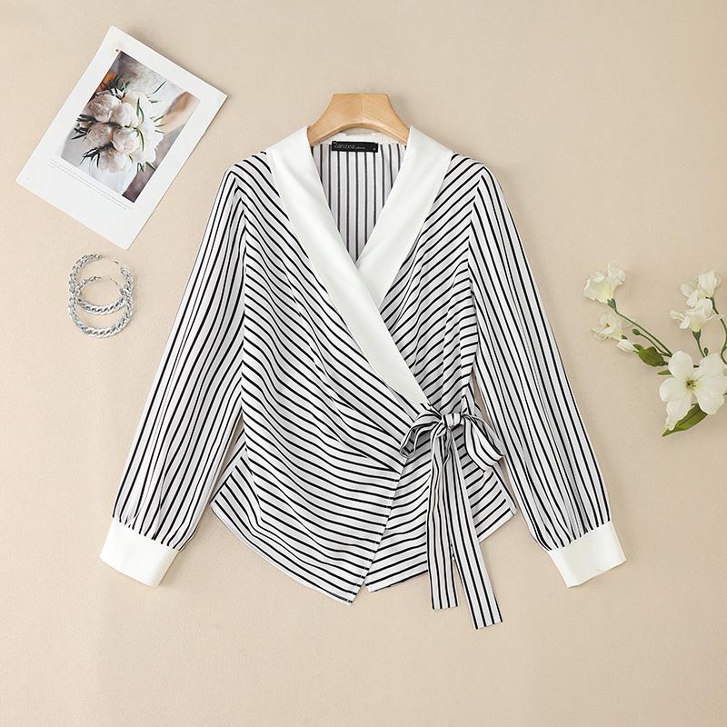 ZANZEA Blouse Décontractée Femme Col V Manches Longues Imprimé Rayures Lacée