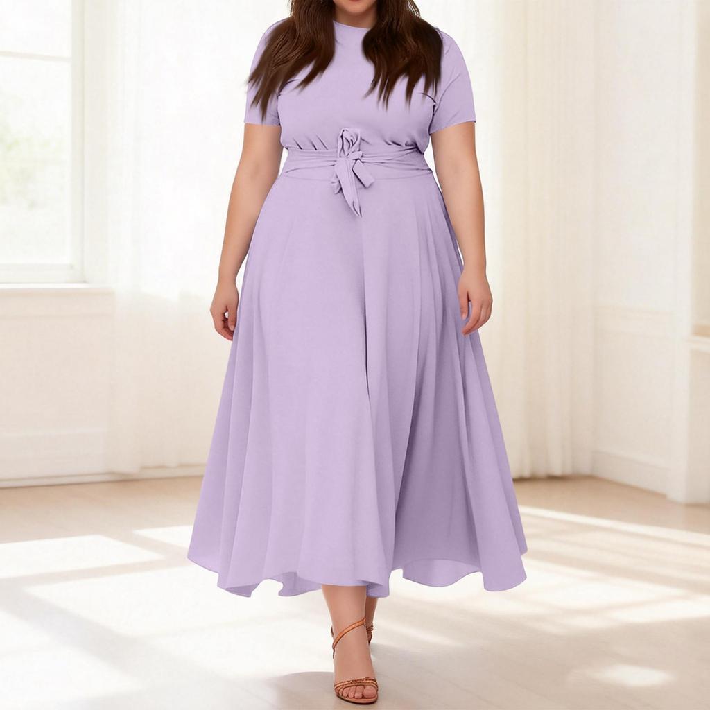 Women's Casual Fashion Large Size Color Round Neck Short Sleeve Pocket Straps Swing Dress
