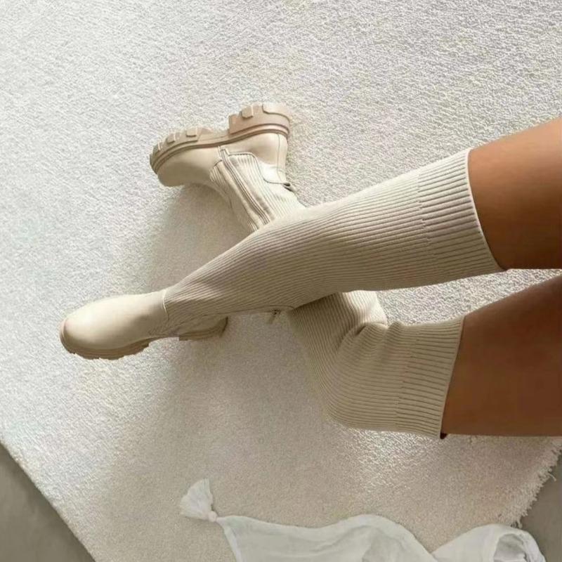 Women Thick Sole Boots 2025 Autumn Winter Breathable Knitting Sock Ladies Thigh High Boots Stretch Round Toe Shoes Plus Size 43