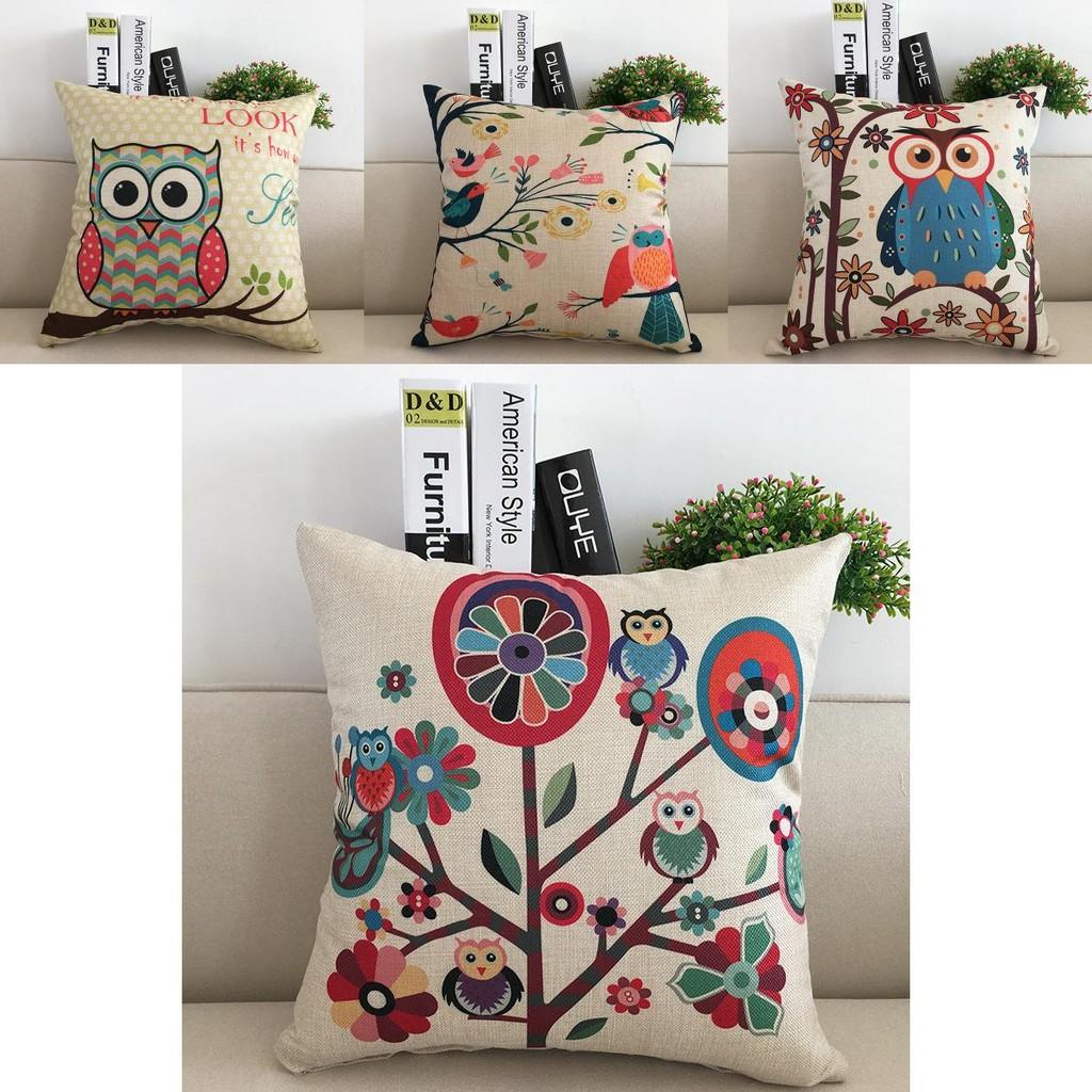 Premium Linen And Cotton Owl Print Square Pillowcases For Sofa And Car Back Cushion