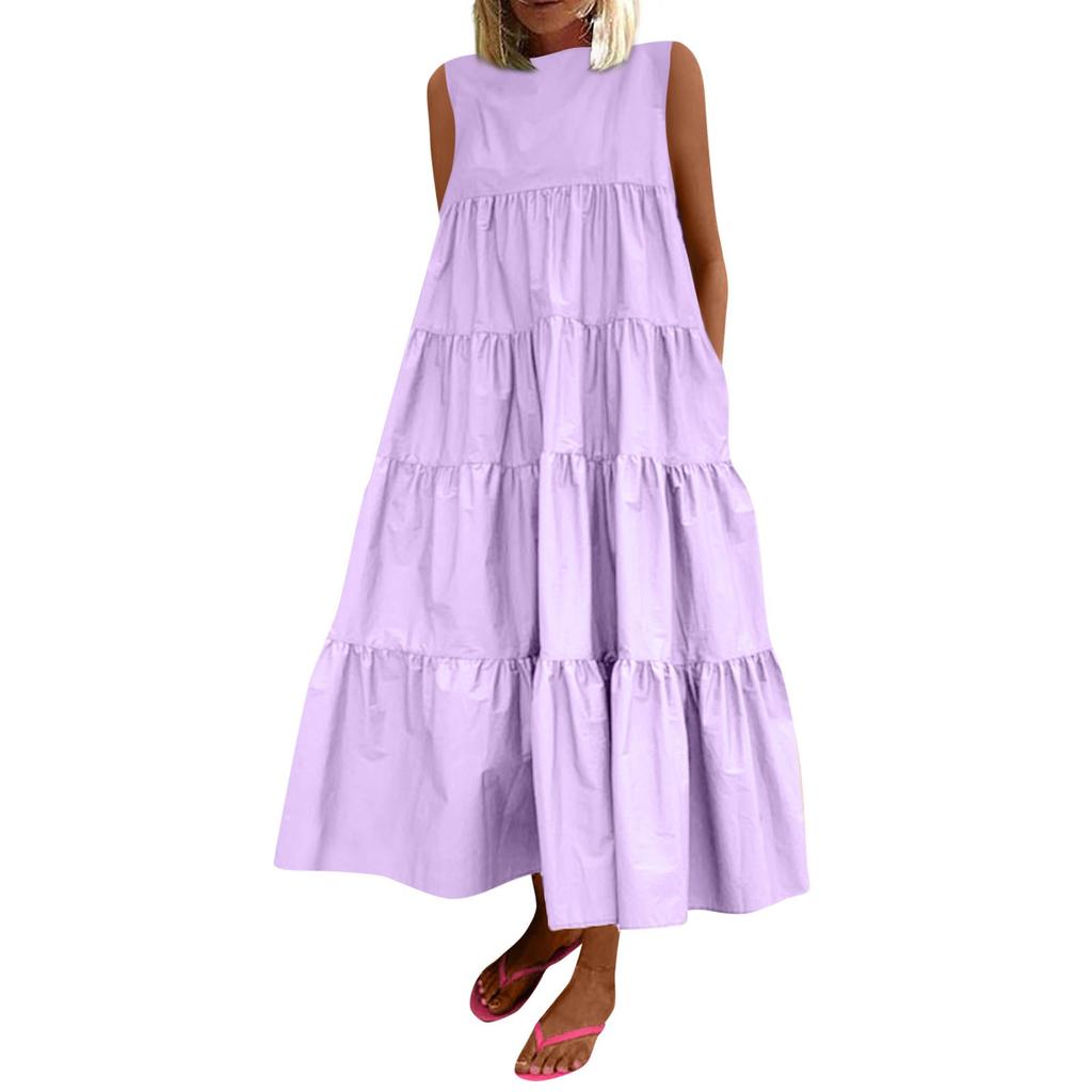 Moda feminina sem mangas cor sólida casual solto sem bolso vestidos de gola redonda