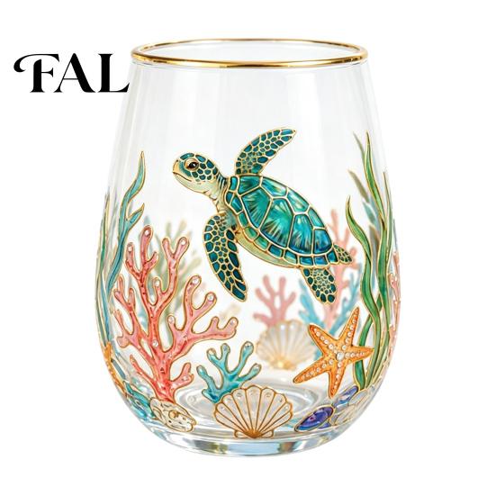 Safe Drinking Glassware Ocean-Themed Glass Cup, Jellyfish/Dolphins/Sea Turtles/Octopus Hand-Painted, Thickened Decorative Barware for Restaurants