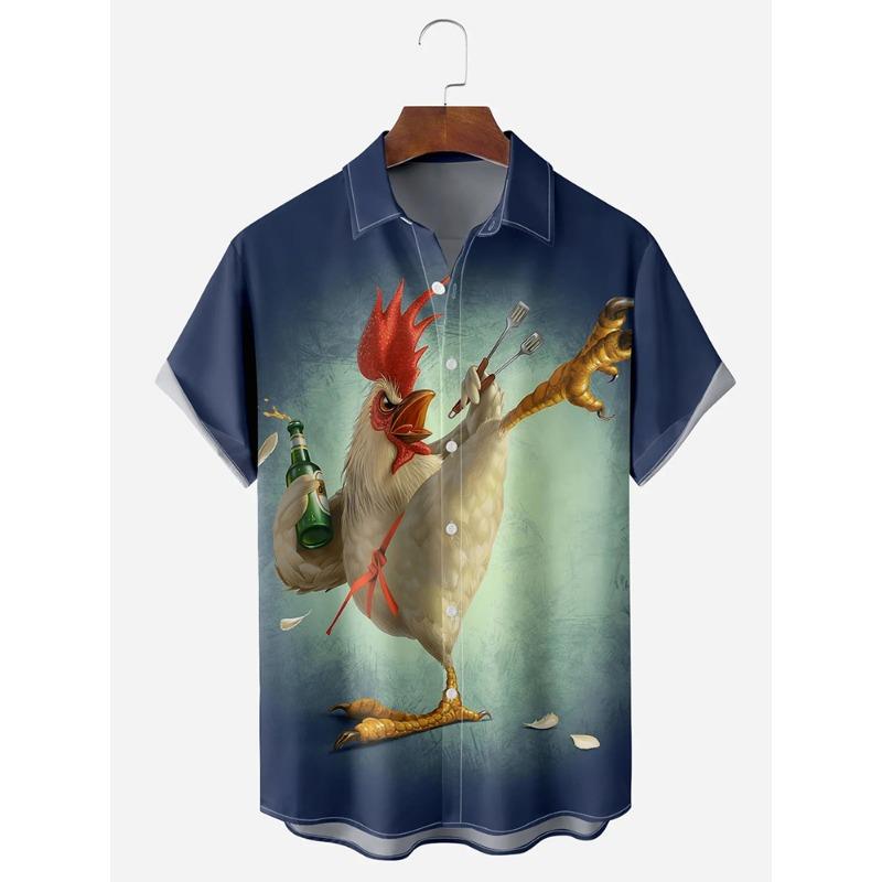 Camicia Corta Hawaiana da Uomo Stampa Pollo Cartone Animato Camicia Casual da Uomo Estate Quotidiano Street Fashion Camicia a Maniche Corte da Uomo