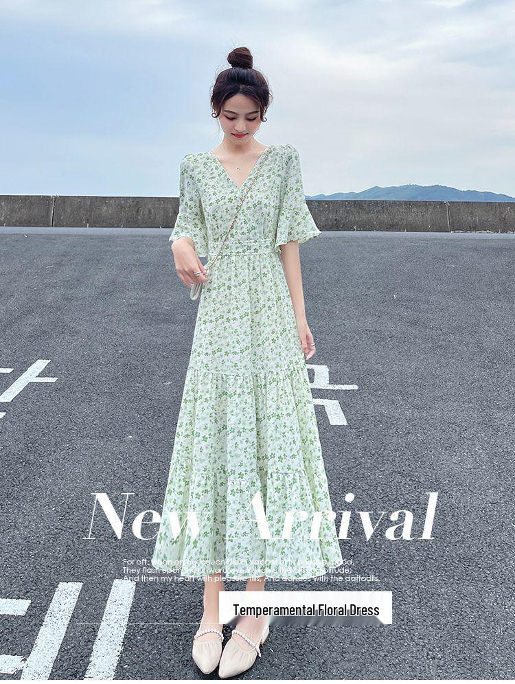 Women's Summer 2024 Floral French Retro Chiffon Long Dress - Over-the-Knee Cake Skirt