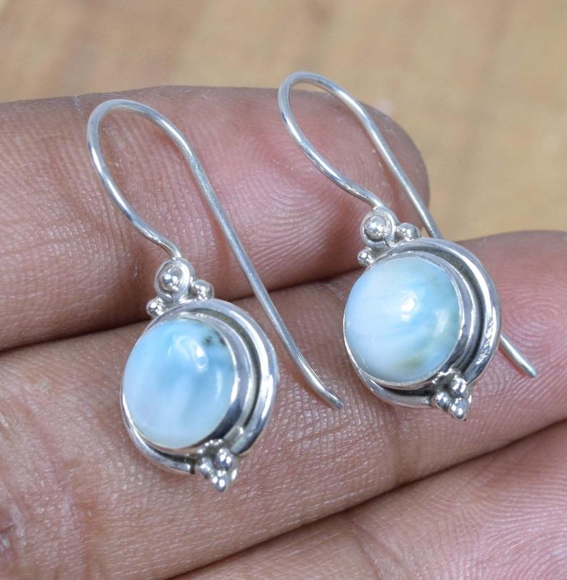 

Solid 925 Sterling Silver natural Larimar Round Gemstone Earrings Statement Earrings