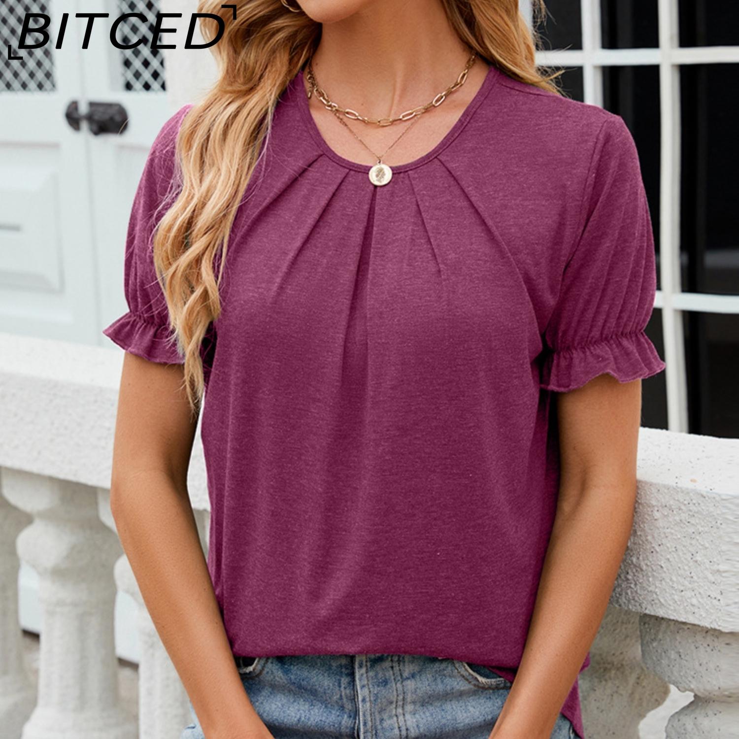 

BITCED, весенне-летняя женская однотонная свободная футболка с круглым вырезом и короткими рукавами, женский топ