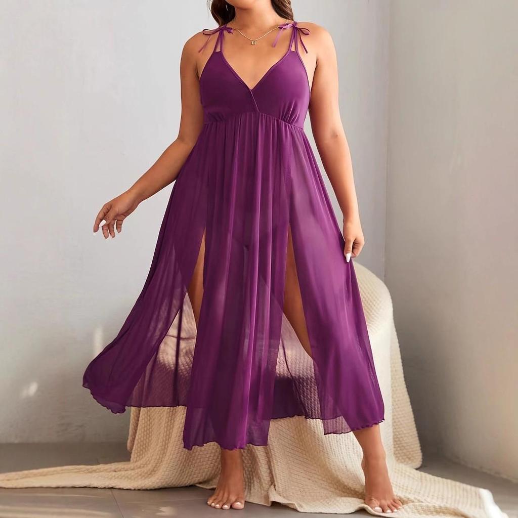 European & American Women's Sexy Lace Robe: Elegant Solid Color Spaghetti Strap Nightgown